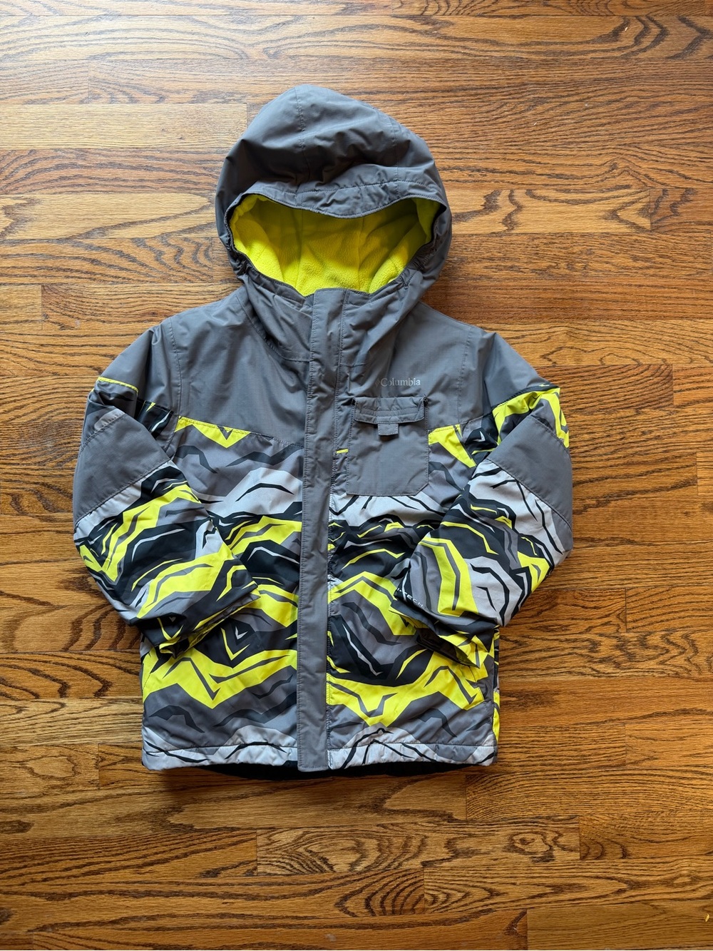 Columbia Kids Hooded Puffer Jacket - Gray with Neon Yellow and Black Accents
